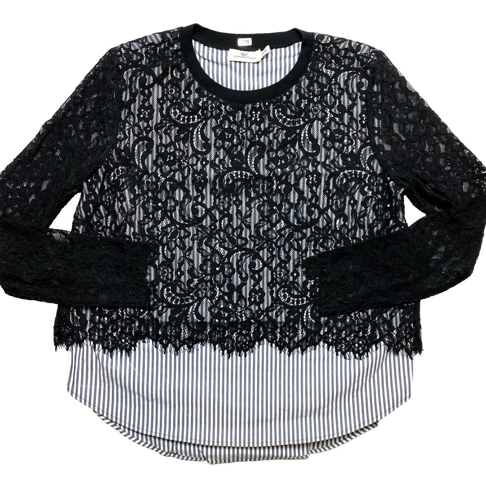 Vineyard Vines Blouse Womens M Black Long Sleeve Lace Pullover Overlay Top